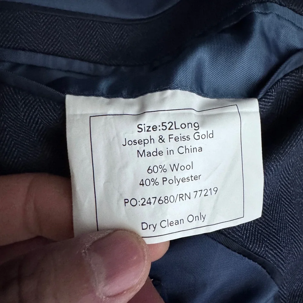 Joseph & Feiss Gold Sport Coat Mens 52L Blue Herringbone Check Executive Fit